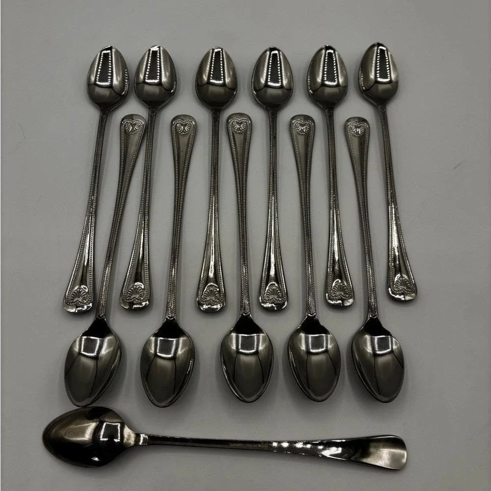 Towle Iced Tea Spoons Abbey Shell Stainless Steel Japan Set of 12 Silver 7 3/4